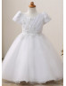 Short Sleeves Beaded White Lace Organza Flower Girl Dress